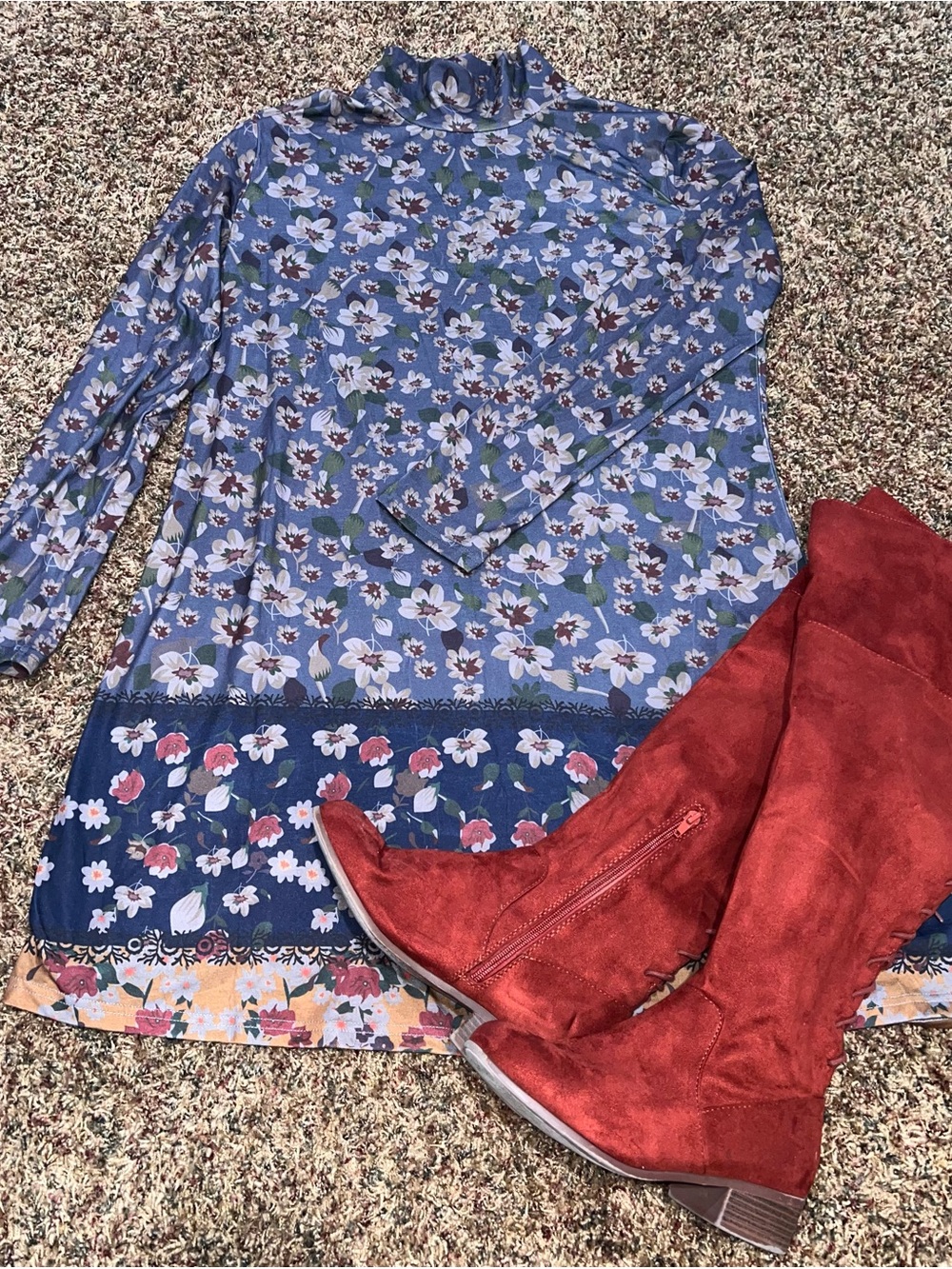 Source Unknown Blue Floral Mock Neck Long Sleeve Dress with Red Boots